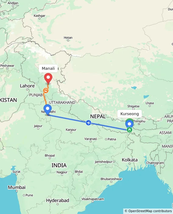 Route map showing distance and travel time from Kurseong, India to Manali, India