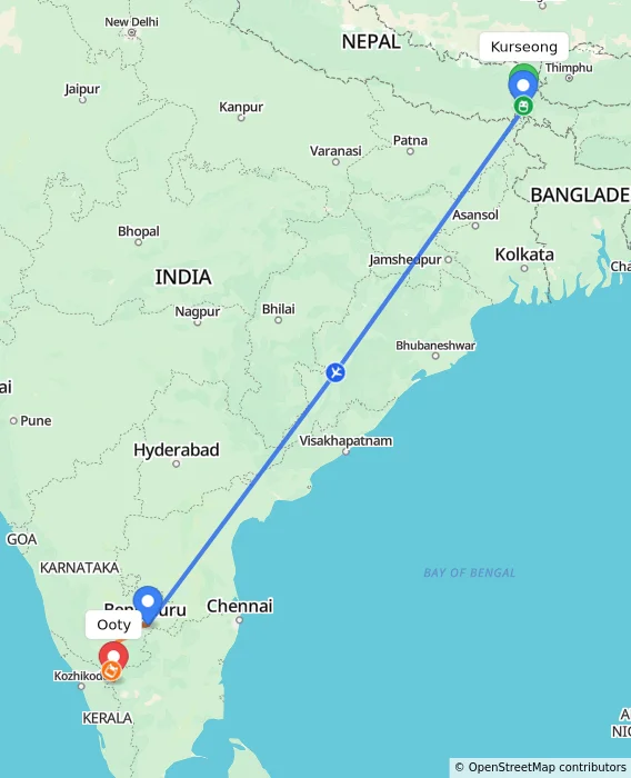 Route map showing distance and travel time from Kurseong, India to Ooty, India