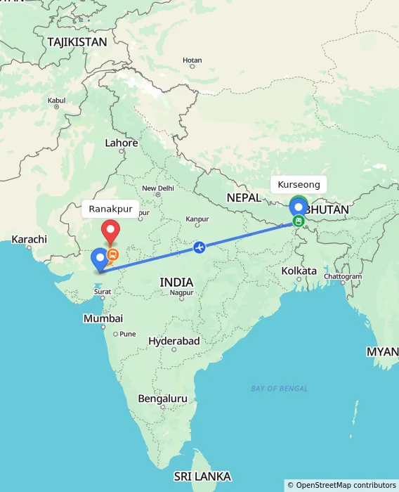 Route map showing distance and travel time from Kurseong, India to Ranakpur, India