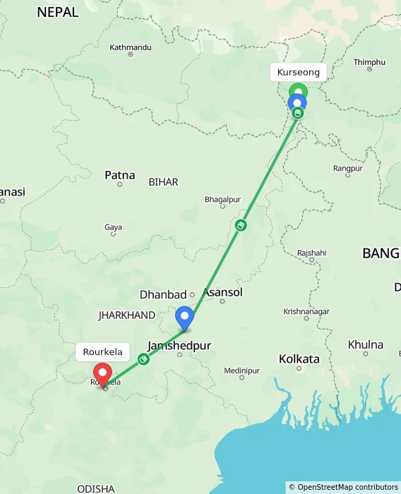 Route map showing distance and travel time from Kurseong, India to Rourkela, India