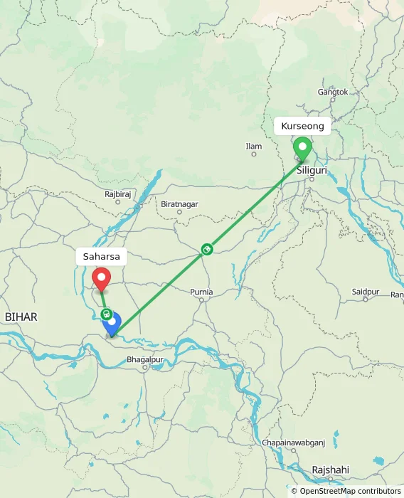 Route map showing distance and travel time from Kurseong, India to Saharsa, India