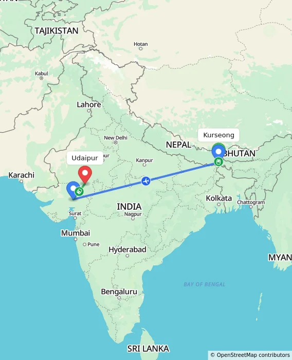Route map showing distance and travel time from Kurseong, India to Udaipur, India