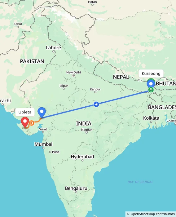 Route map showing distance and travel time from Kurseong, India to Upleta, India