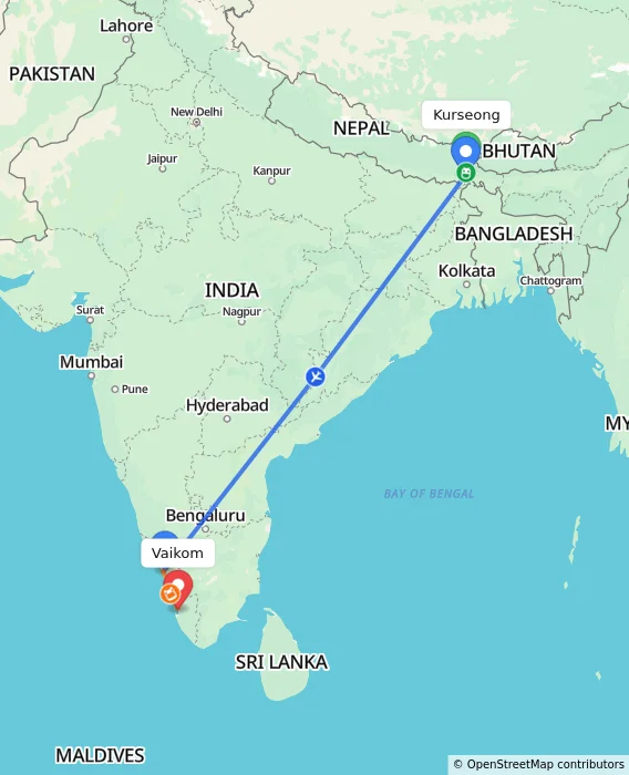 Route map showing distance and travel time from Kurseong, India to Vaikom, India