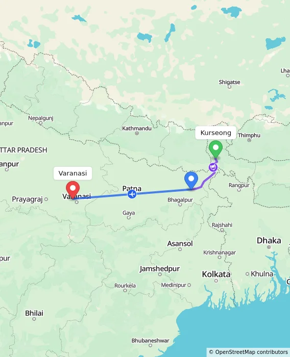 Route map showing distance and travel time from Kurseong, India to Varanasi, India