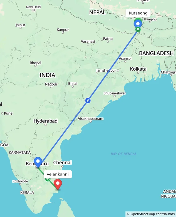 Route map showing distance and travel time from Kurseong, India to Velankanni, India