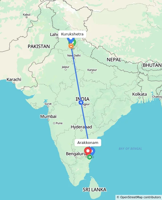 Route map showing distance and travel time from Kurukshetra, India to Arakkonam, India