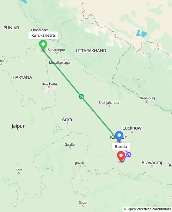 Route map showing distance and travel time from Kurukshetra, India to Banda, India