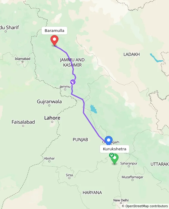 Route map showing distance and travel time from Kurukshetra, India to Baramulla, India