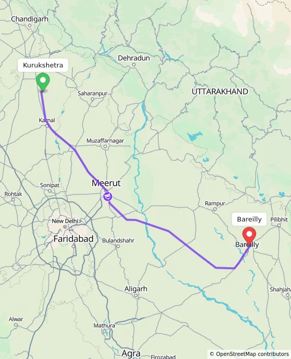 Route map showing distance and travel time from Kurukshetra, India to Bareilly, India
