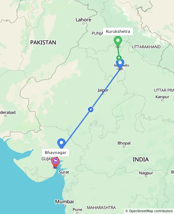 Route map showing distance and travel time from Kurukshetra, India to Bhavnagar, India