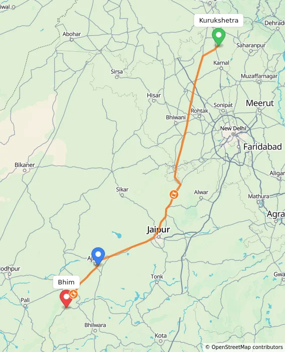 Route map showing distance and travel time from Kurukshetra, India to Bhim, India