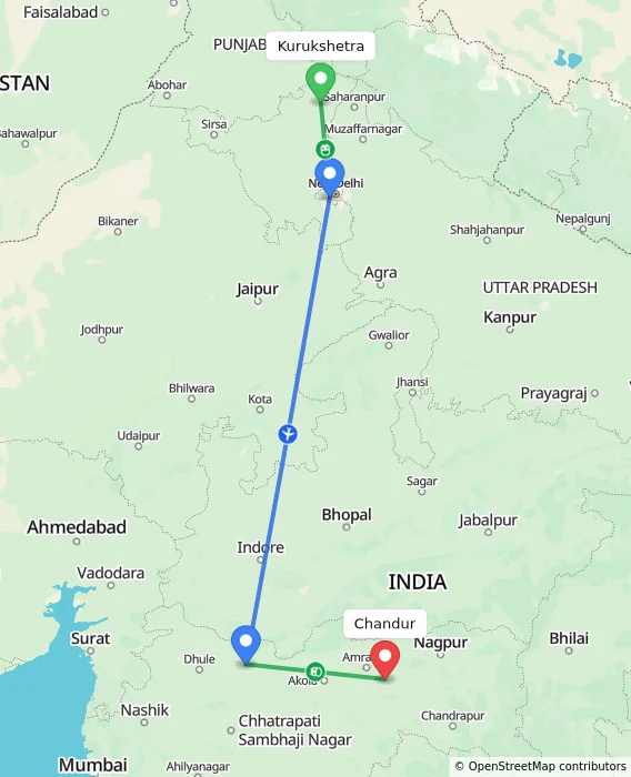 Route map showing distance and travel time from Kurukshetra, India to Chandur, India