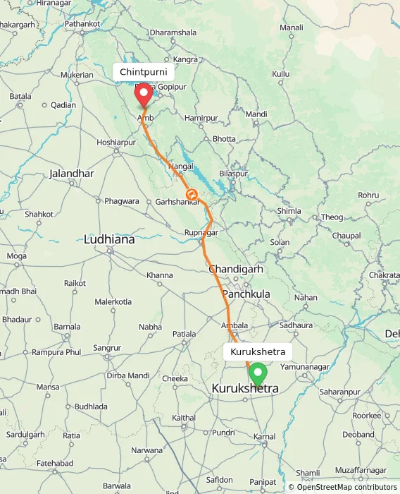 Route map showing distance and travel time from Kurukshetra, India to Chintpurni, India