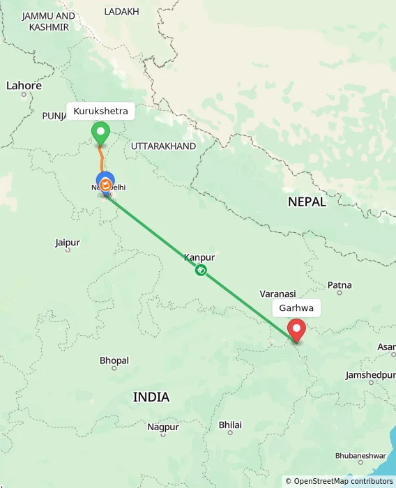 Route map showing distance and travel time from Kurukshetra, India to Garhwa, India