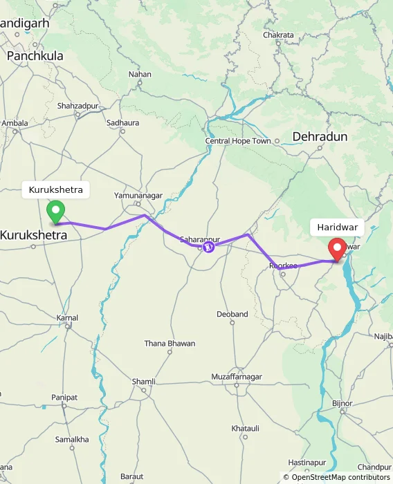 Route map showing distance and travel time from Kurukshetra, India to Haridwar, India