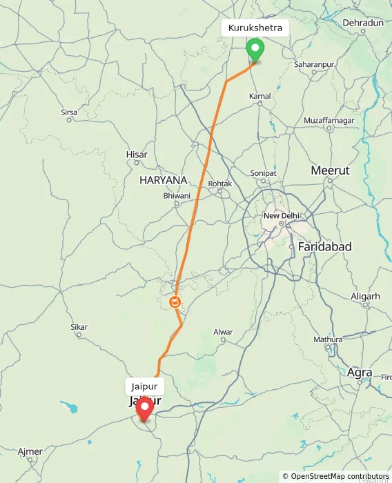 Route map showing distance and travel time from Kurukshetra, India to Jaipur, India