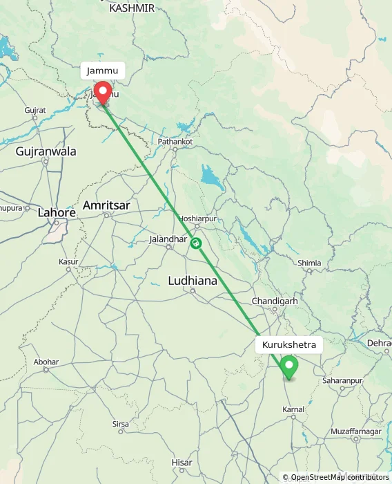 Route map showing distance and travel time from Kurukshetra, India to Jammu, India