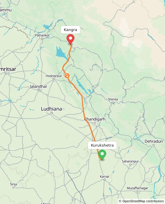 Route map showing distance and travel time from Kurukshetra, India to Kangra, India