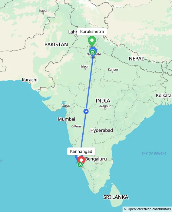 Route map showing distance and travel time from Kurukshetra, India to Kanhangad, India