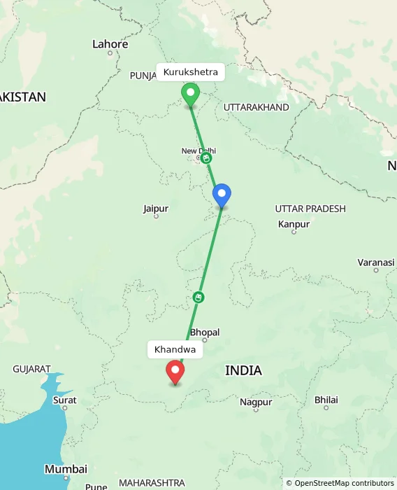 Route map showing distance and travel time from Kurukshetra, India to Khandwa, India