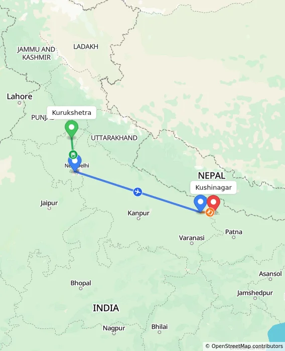 Route map showing distance and travel time from Kurukshetra, India to Kushinagar, India