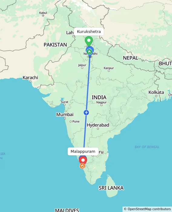 Route map showing distance and travel time from Kurukshetra, India to Malappuram, India