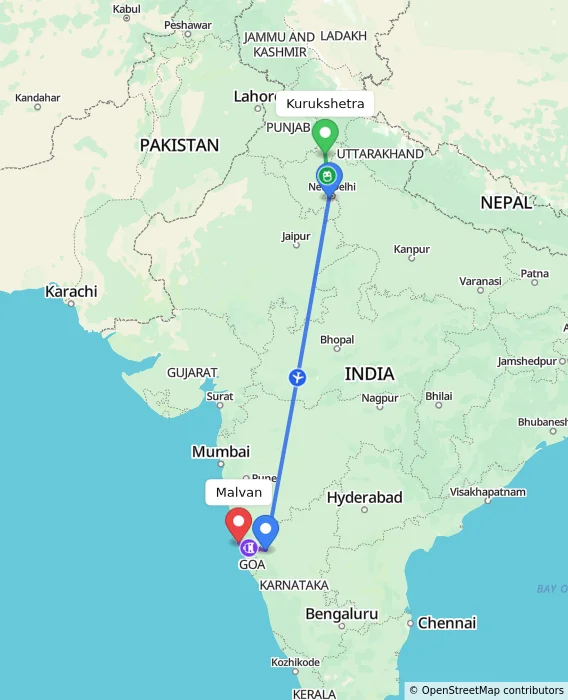 Route map showing distance and travel time from Kurukshetra, India to Malvan, India