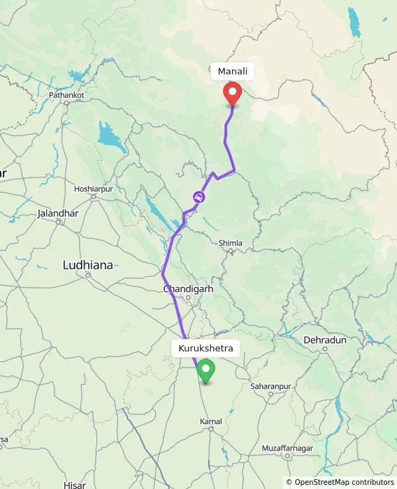 Route map showing distance and travel time from Kurukshetra, India to Manali, India