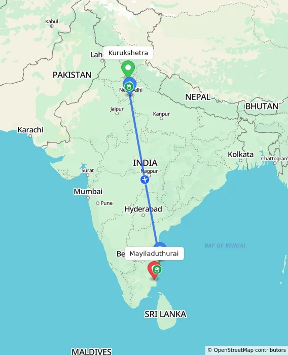 Route map showing distance and travel time from Kurukshetra, India to Mayiladuthurai, India