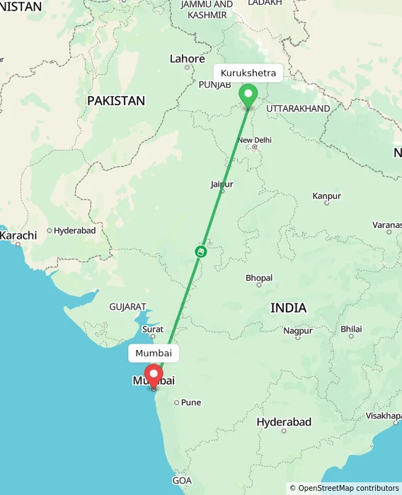 Route map showing distance and travel time from Kurukshetra, India to Mumbai, India