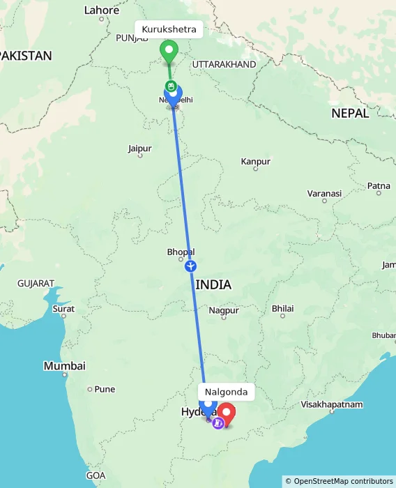 Route map showing distance and travel time from Kurukshetra, India to Nalgonda, India
