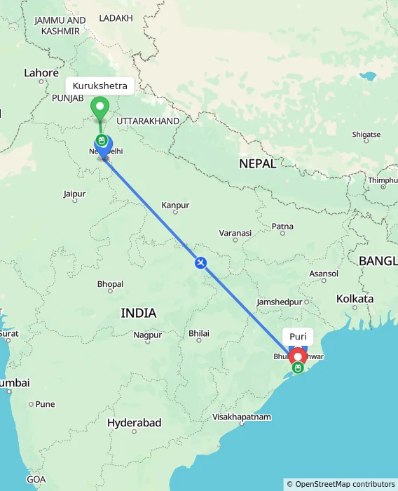 Route map showing distance and travel time from Kurukshetra, India to Puri, India