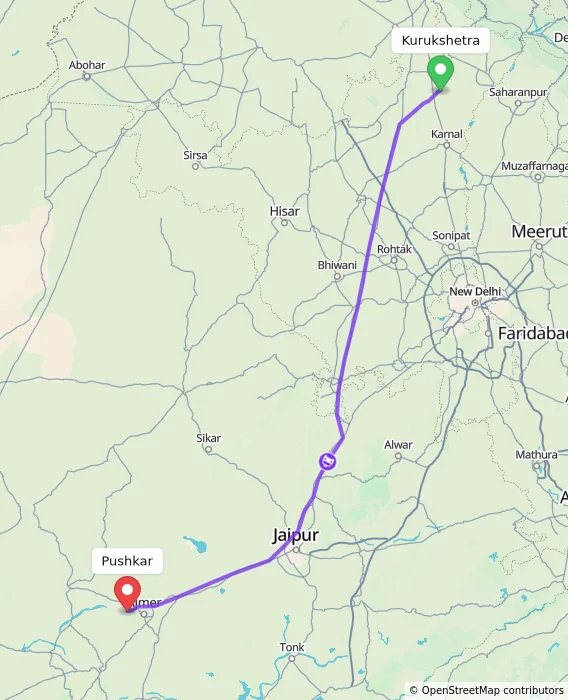 Route map showing distance and travel time from Kurukshetra, India to Pushkar, India