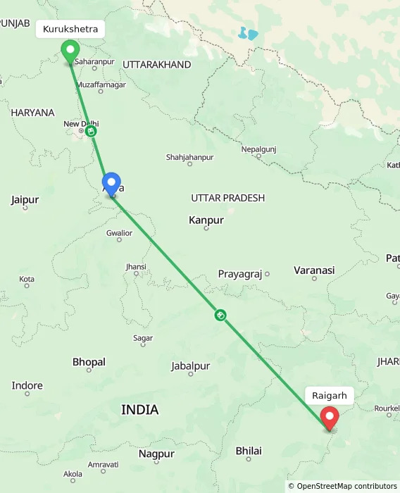 Route map showing distance and travel time from Kurukshetra, India to Raigarh, India