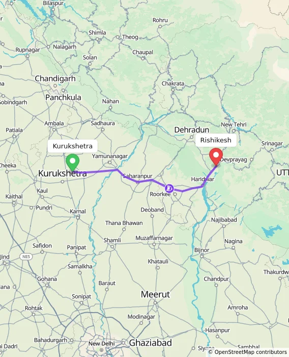 Route map showing distance and travel time from Kurukshetra, India to Rishikesh, India