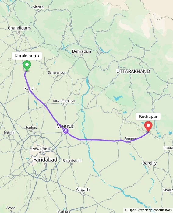 Route map showing distance and travel time from Kurukshetra, India to Rudrapur, India