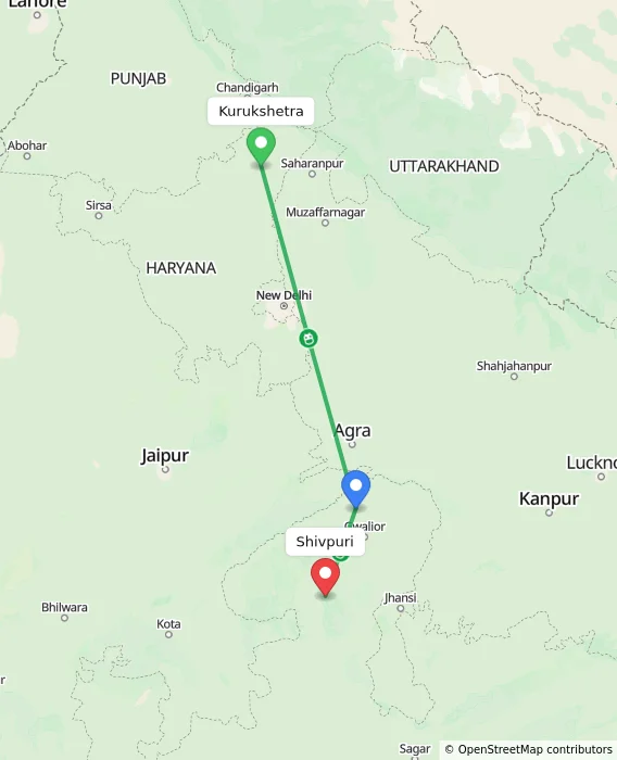 Route map showing distance and travel time from Kurukshetra, India to Shivpuri, India
