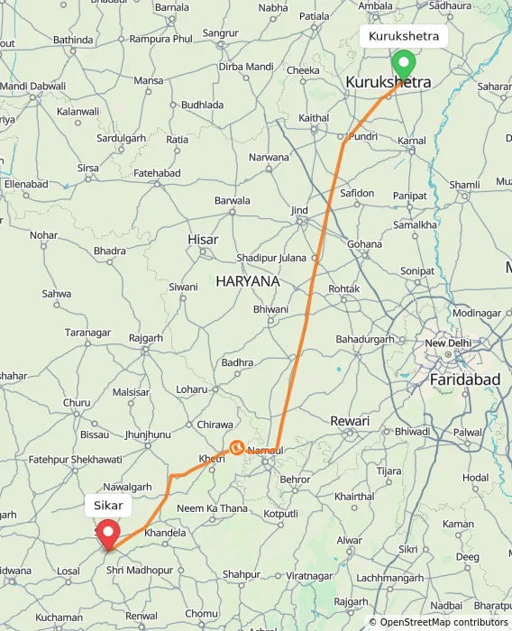 Route map showing distance and travel time from Kurukshetra, India to Sikar, India