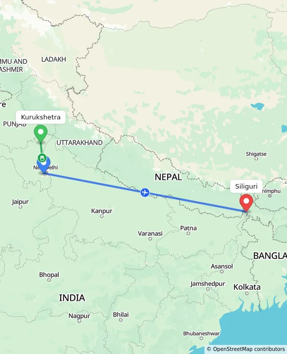 Route map showing distance and travel time from Kurukshetra, India to Siliguri, India