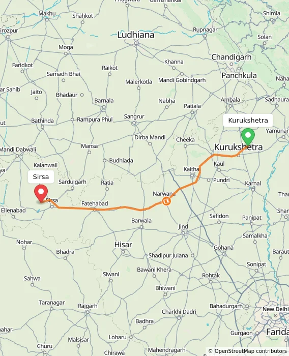 Route map showing distance and travel time from Kurukshetra, India to Sirsa, India
