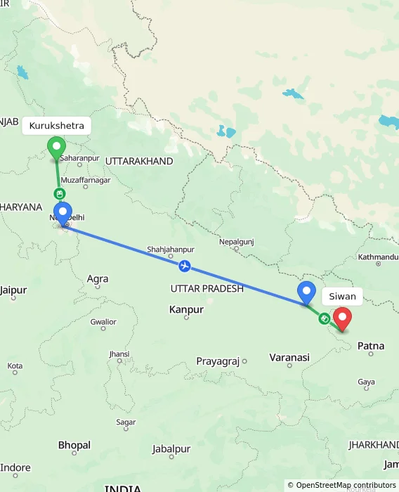 Route map showing distance and travel time from Kurukshetra, India to Siwan, India