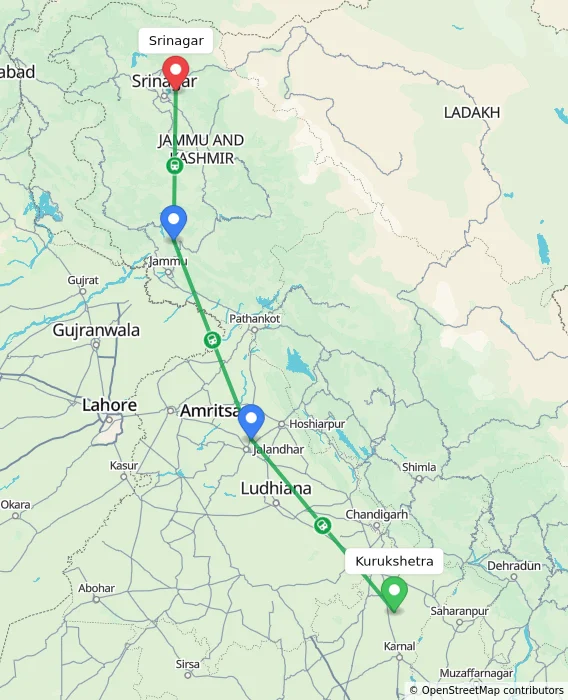 Route map showing distance and travel time from Kurukshetra, India to Srinagar, India