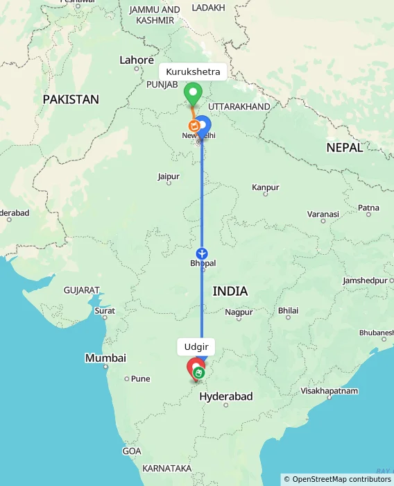 Route map showing distance and travel time from Kurukshetra, India to Udgir, India