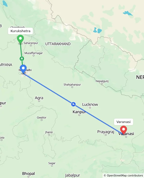 Route map showing distance and travel time from Kurukshetra, India to Varanasi, India