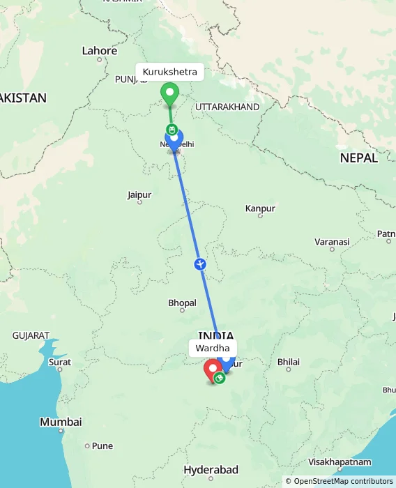 Route map showing distance and travel time from Kurukshetra, India to Wardha, India