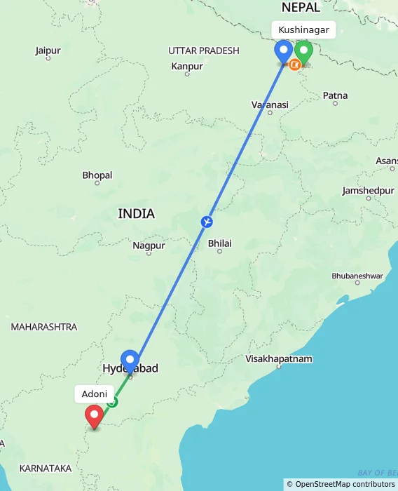 Route map showing distance and travel time from Kushinagar, India to Adoni, India