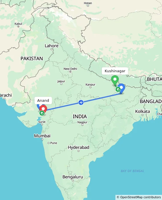 Route map showing distance and travel time from Kushinagar, India to Anand, India