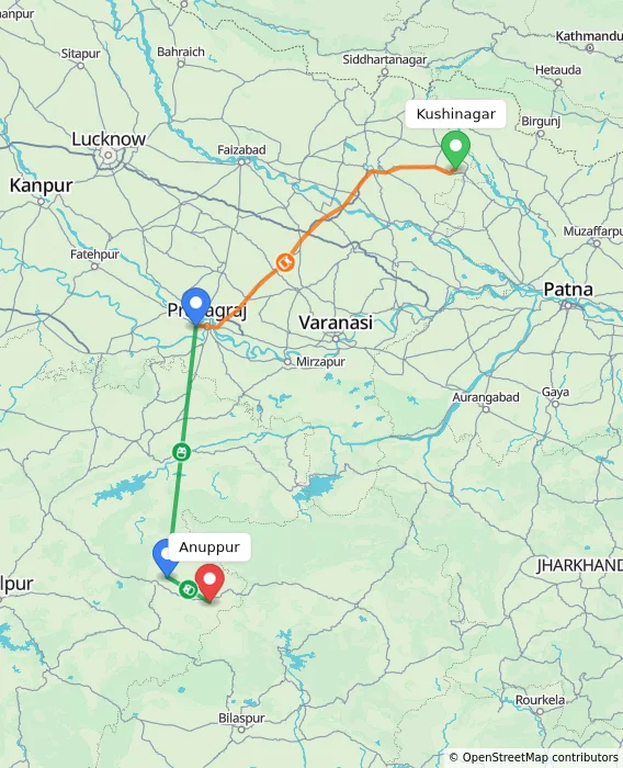 Route map showing distance and travel time from Kushinagar, India to Anuppur, India