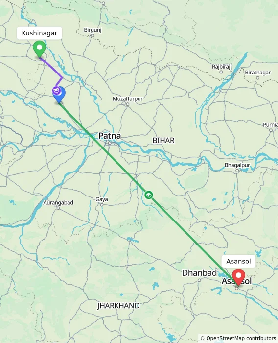 Route map showing distance and travel time from Kushinagar, India to Asansol, India